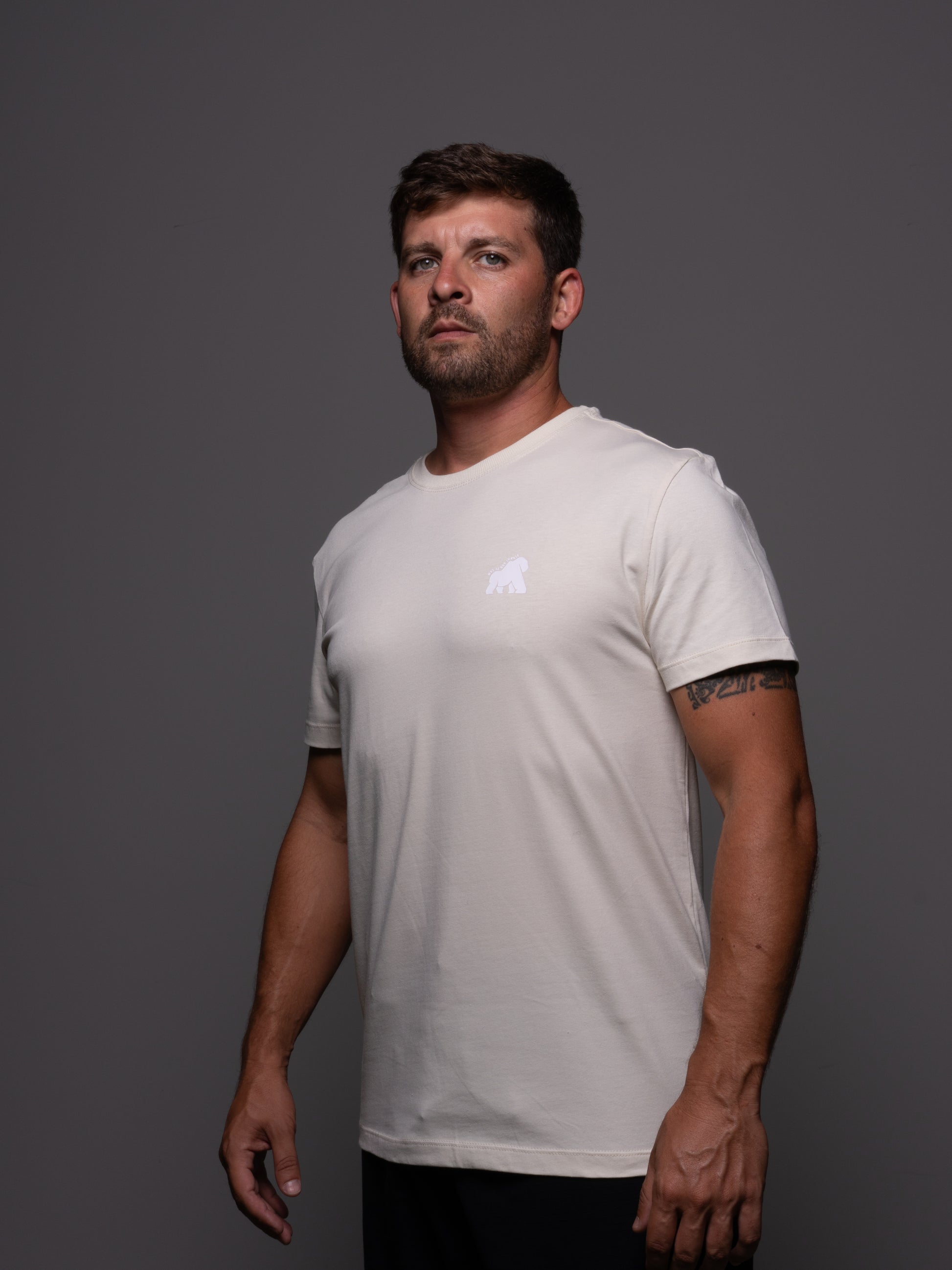 Camiseta GLZ Bege Claro — Vista costas estampa Gorilaz